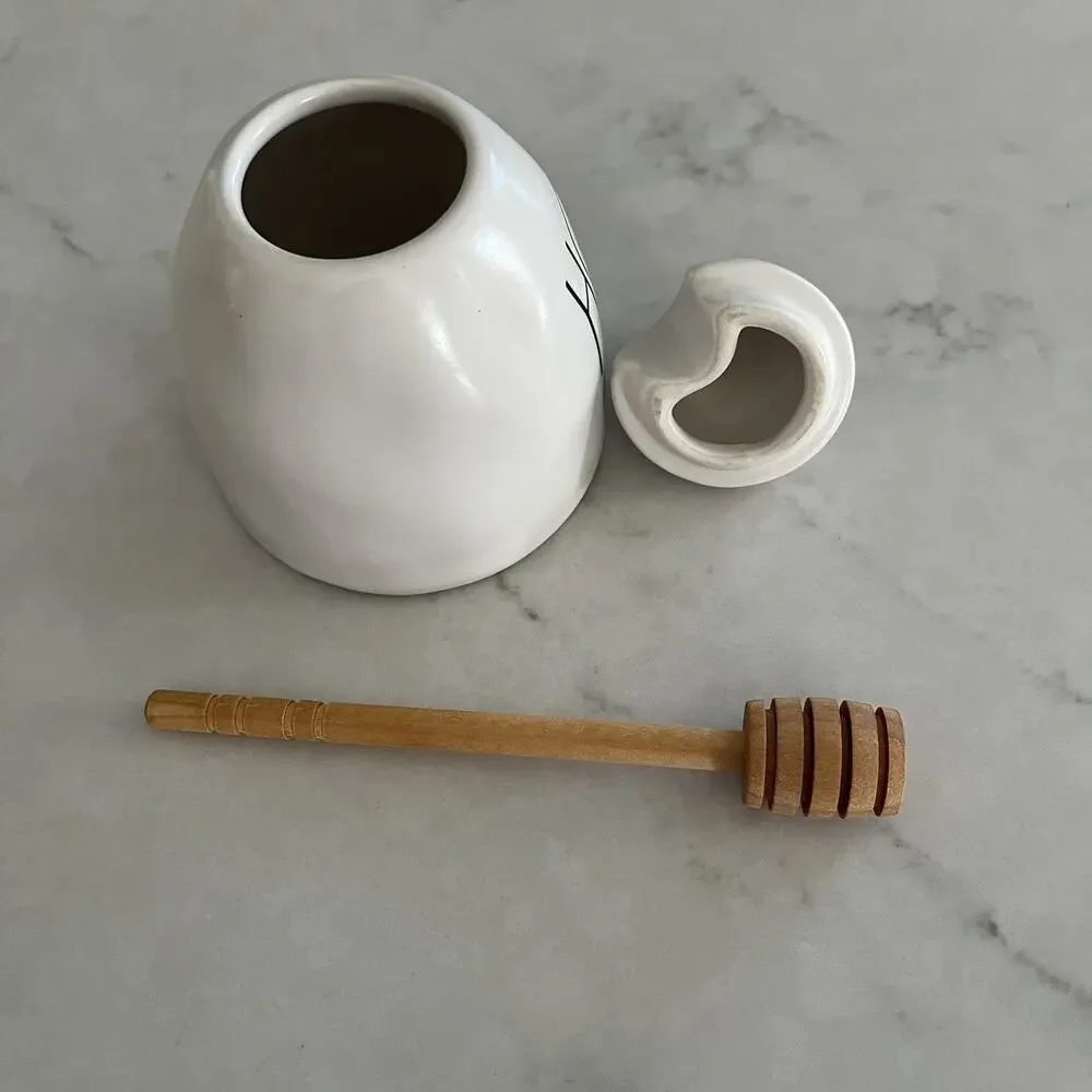 Rae Dunn Ceramic HONEY Pot/ Jar With Wooden Honey Dipper & Yellow Bee Lid